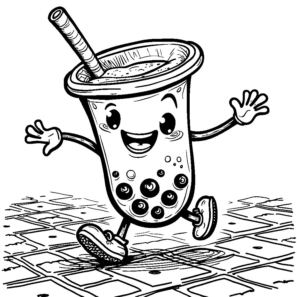 A silly boba cup playing hopscotch