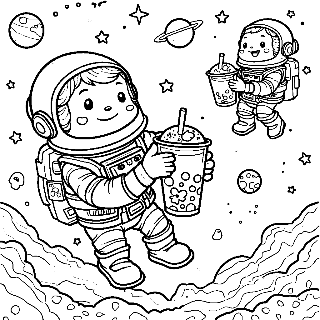 Boba tea astronauts floating in space