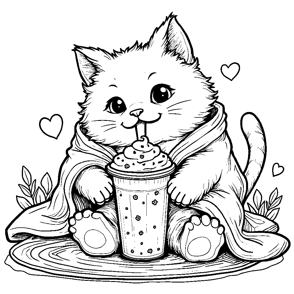 A boba tea cat with a cozy blanket