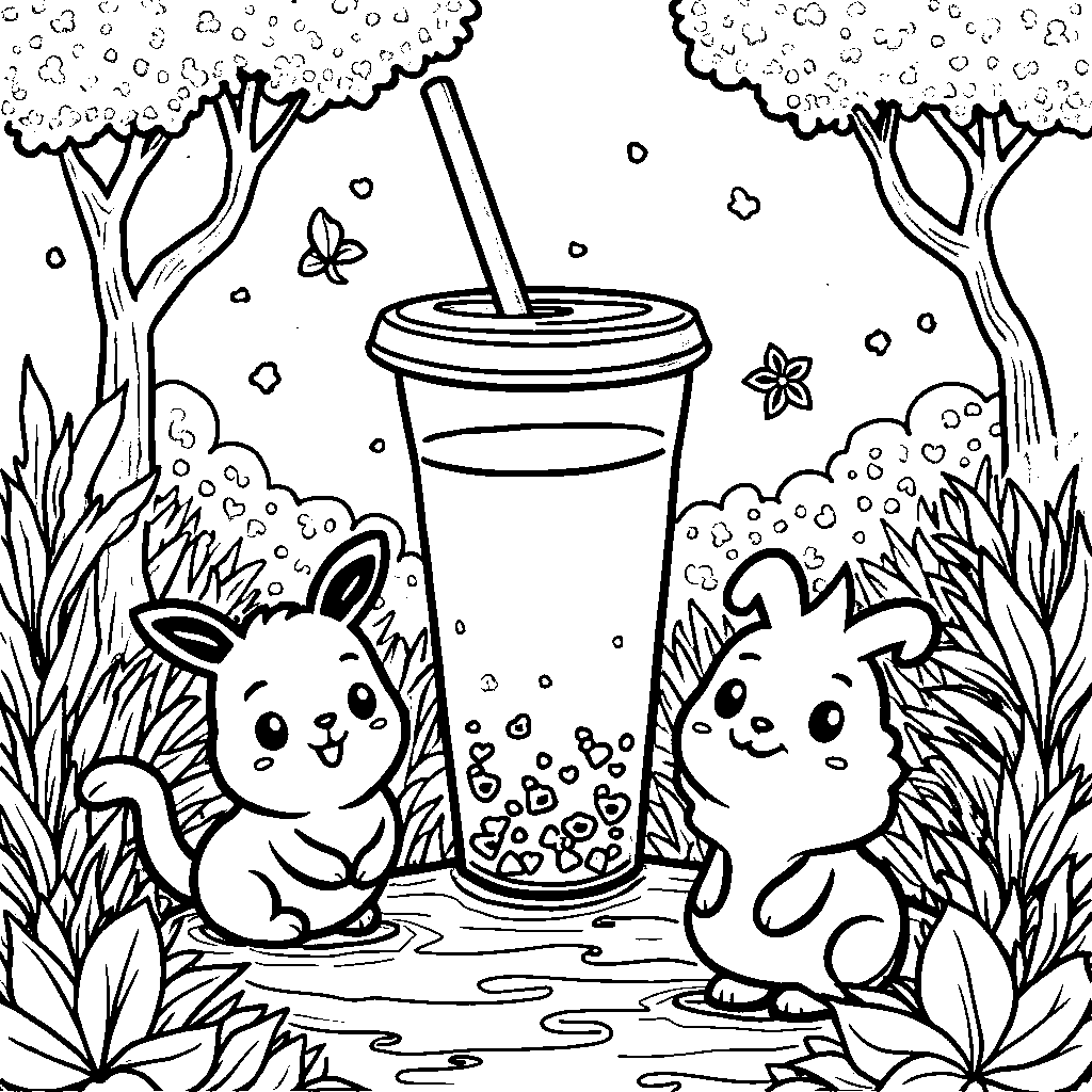 Boba tea characters in a magical forest