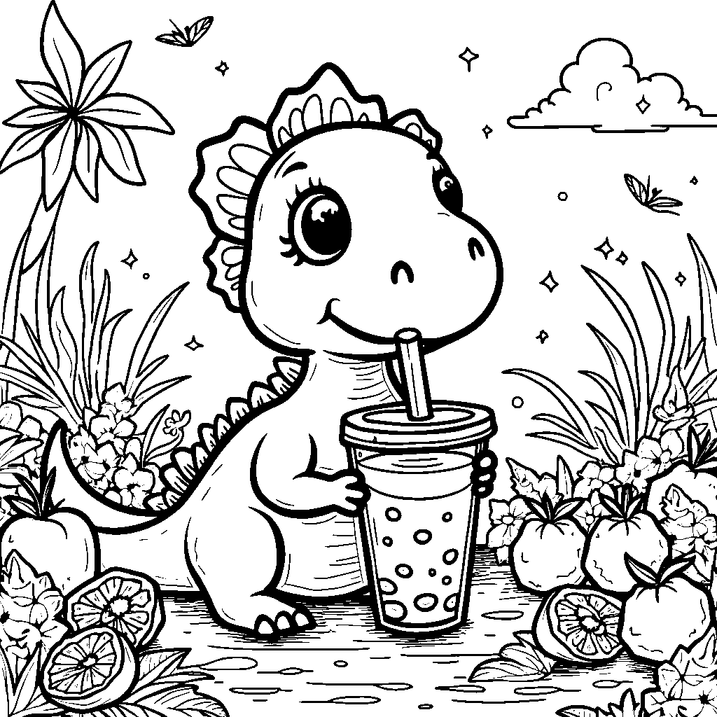 A boba tea dinosaur munching on fruit