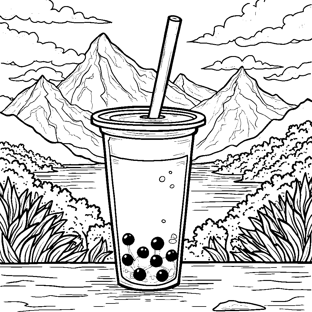 Boba tea in a scenic mountain background