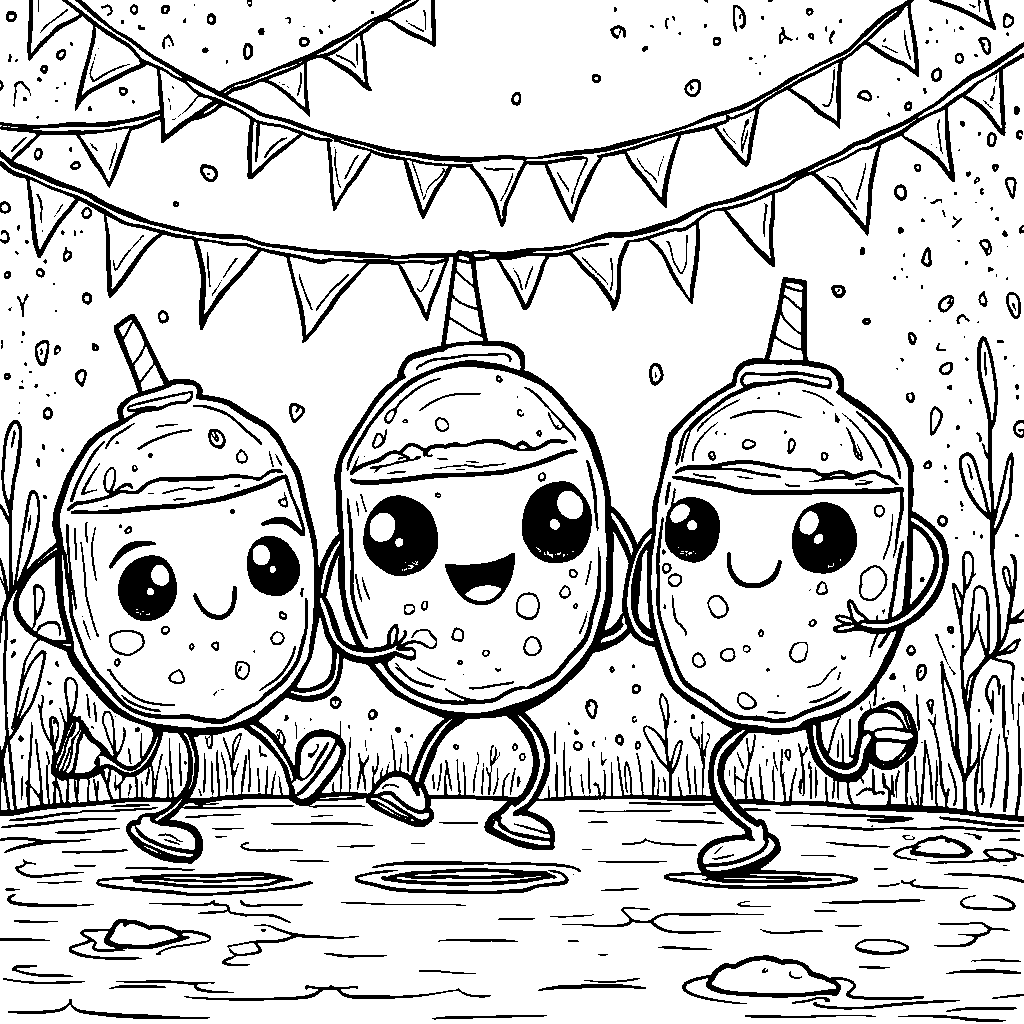 Cartoon boba bubbles dancing at a party