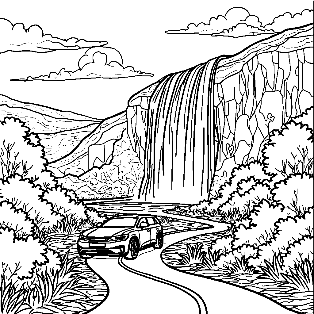 A car driving on a road with a giant rainbow-colored waterfall