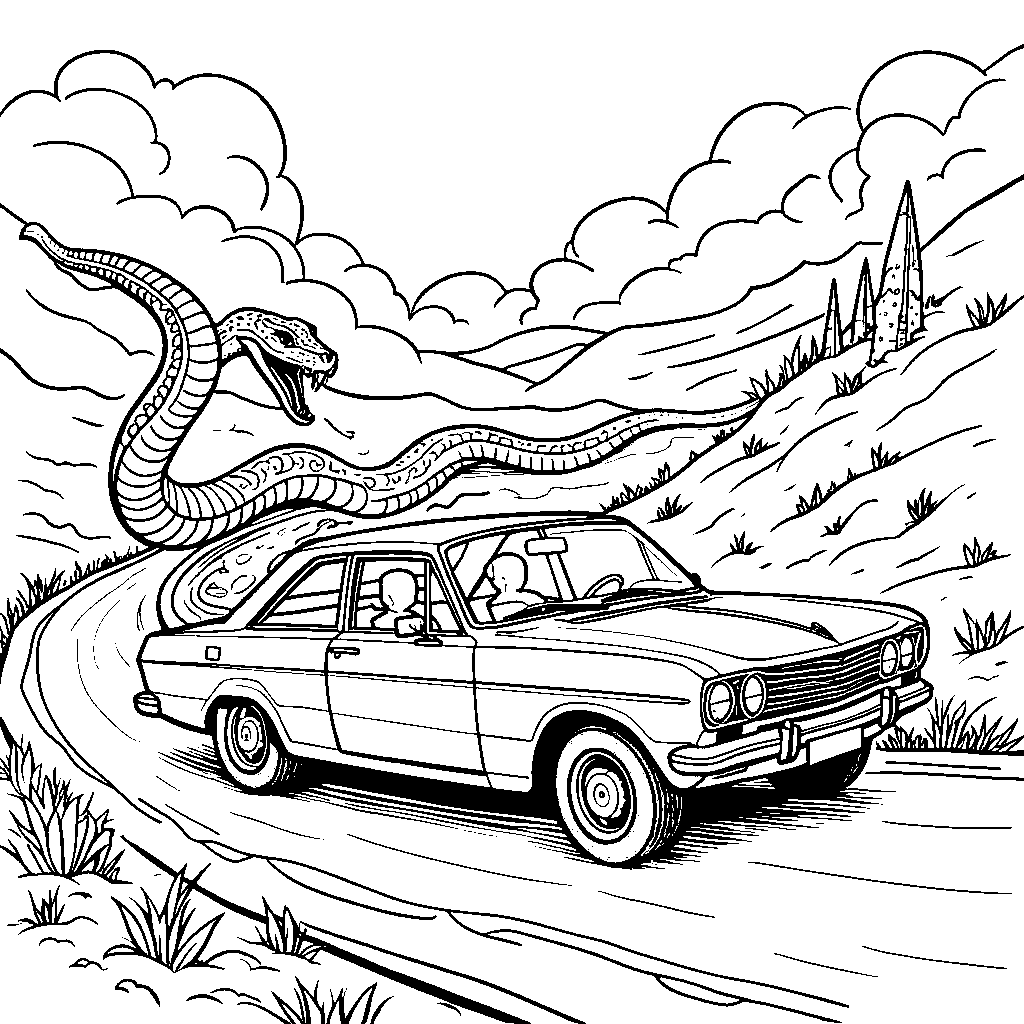 A car driving on a road with a giant snake slithering alongside