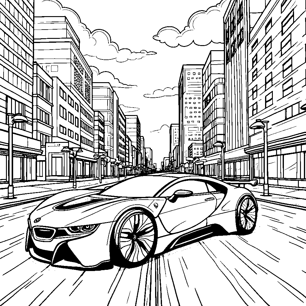 A car driving through a city with towering skyscrapers