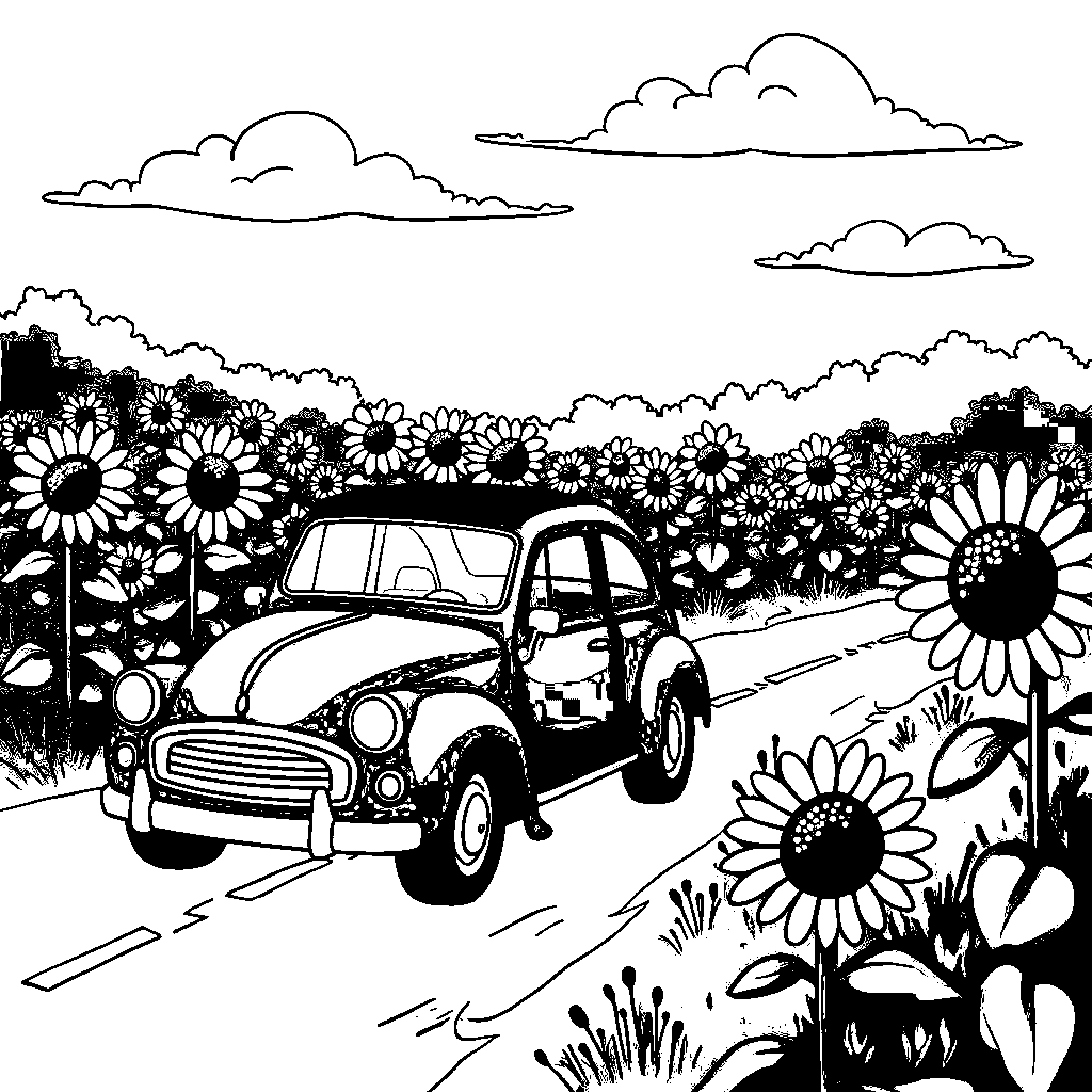 A car driving through a field of sunflowers