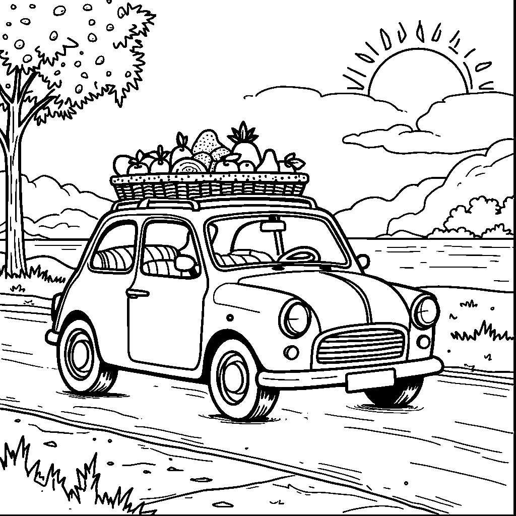 A car with a big basket full of fruit on the back seat