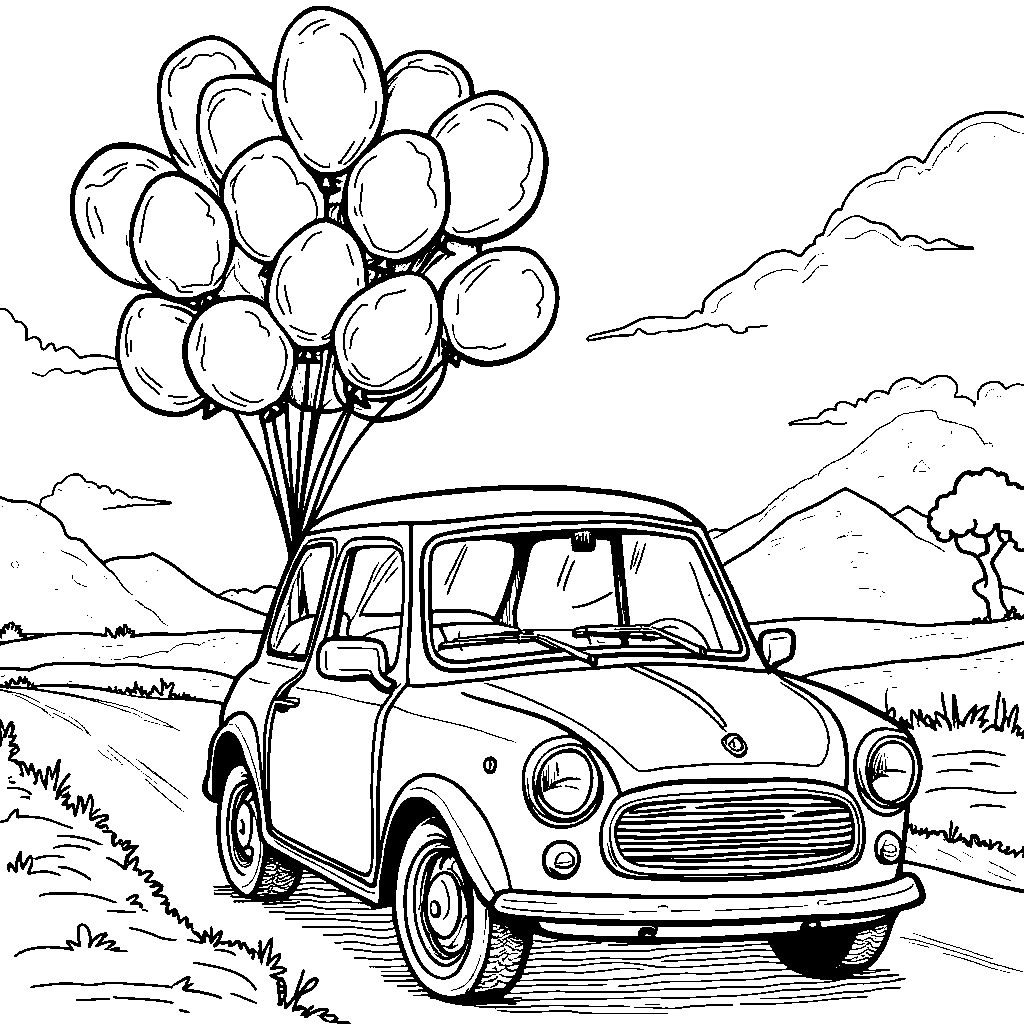 A car with a big bouquet of balloons tied to the antenna