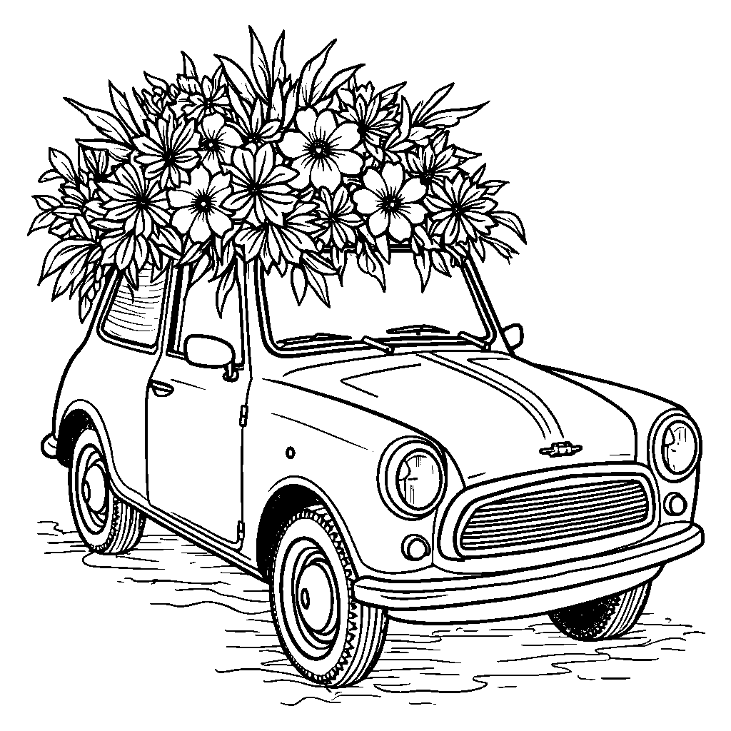 A car with a big bouquet of flowers on the hood