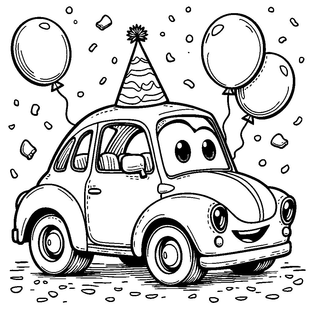 A car with a big smile and a party hat