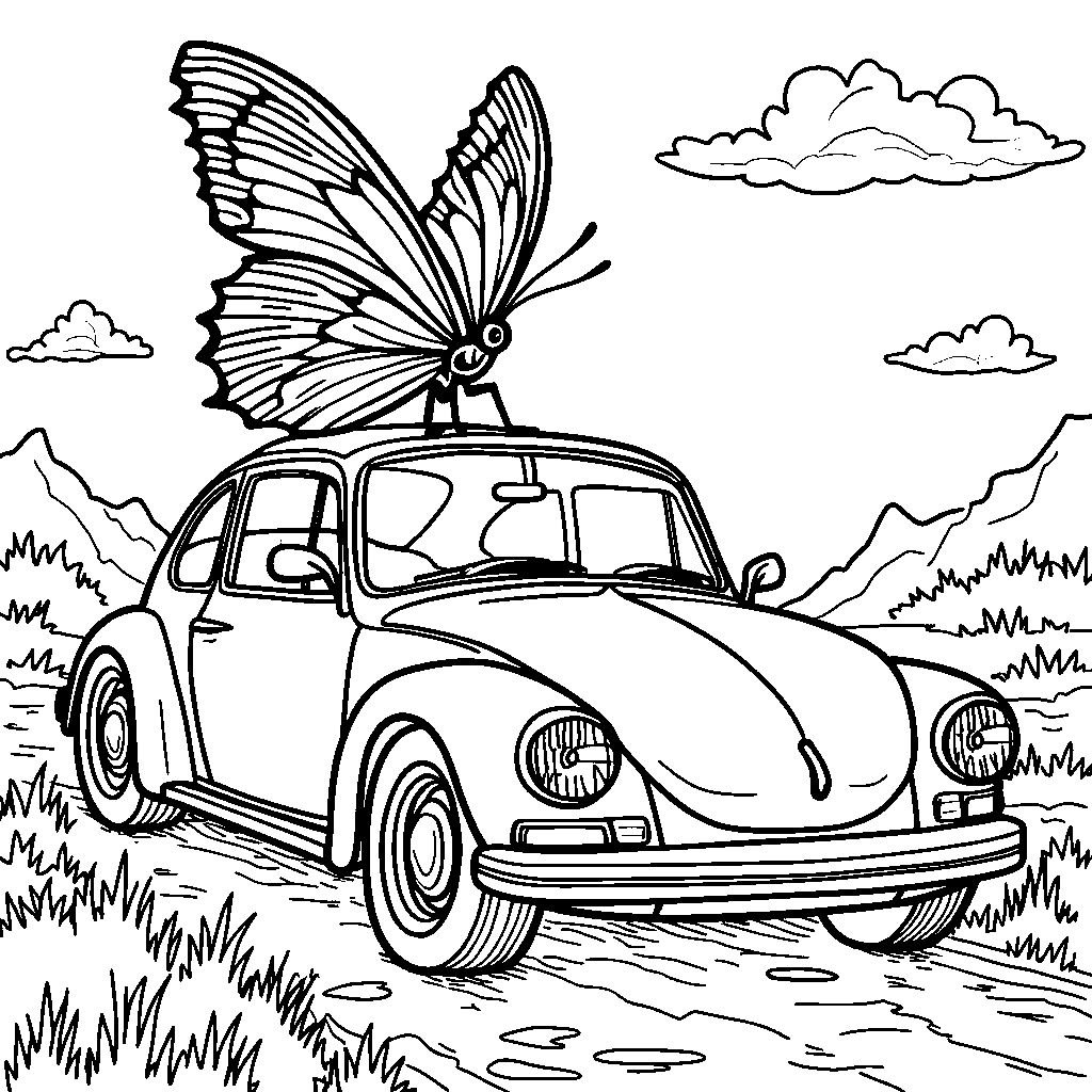 A car with a giant butterfly perched on the hood