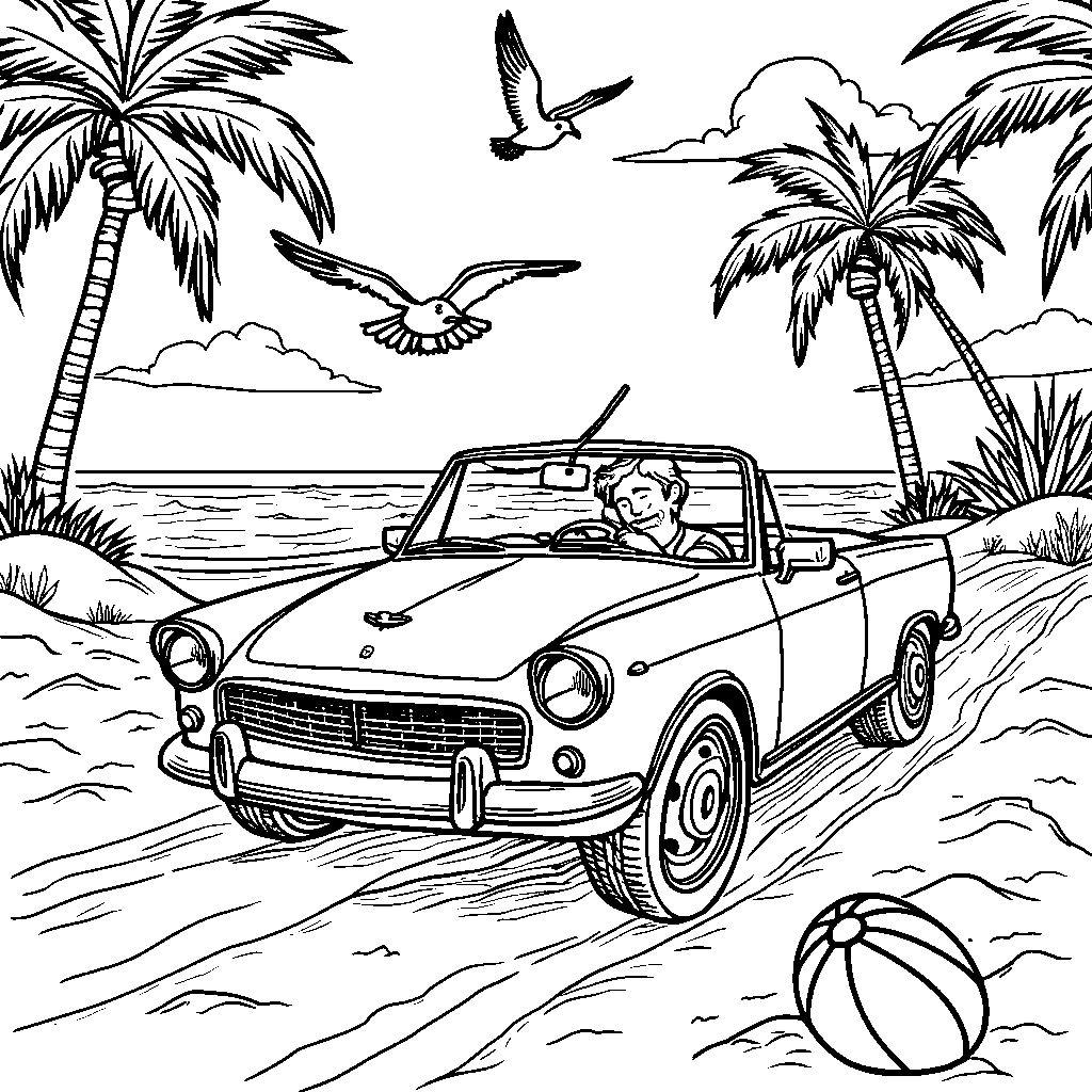 A car driving on a beach with seagulls flying overhead