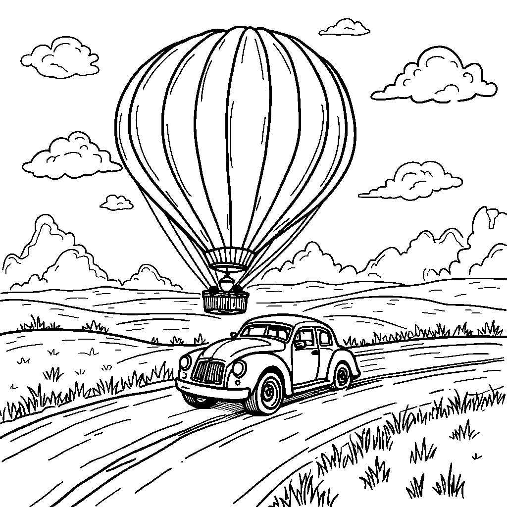 A car driving on a road with a giant hot air balloon floating above