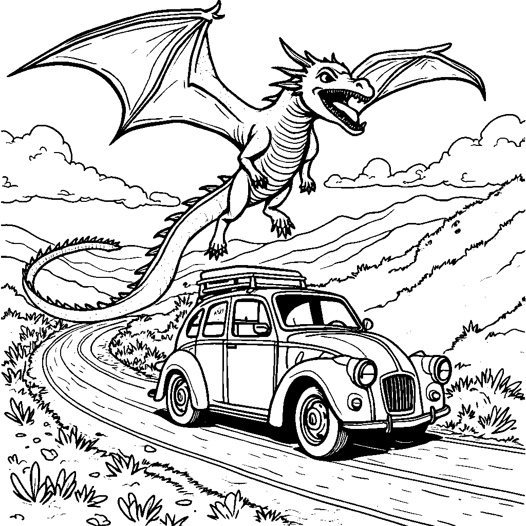 A car driving on a road with a giant dragon flying overhead