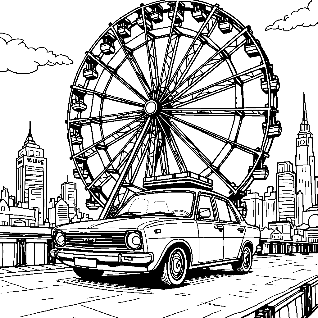 A car driving through a city with a giant Ferris wheel in the background