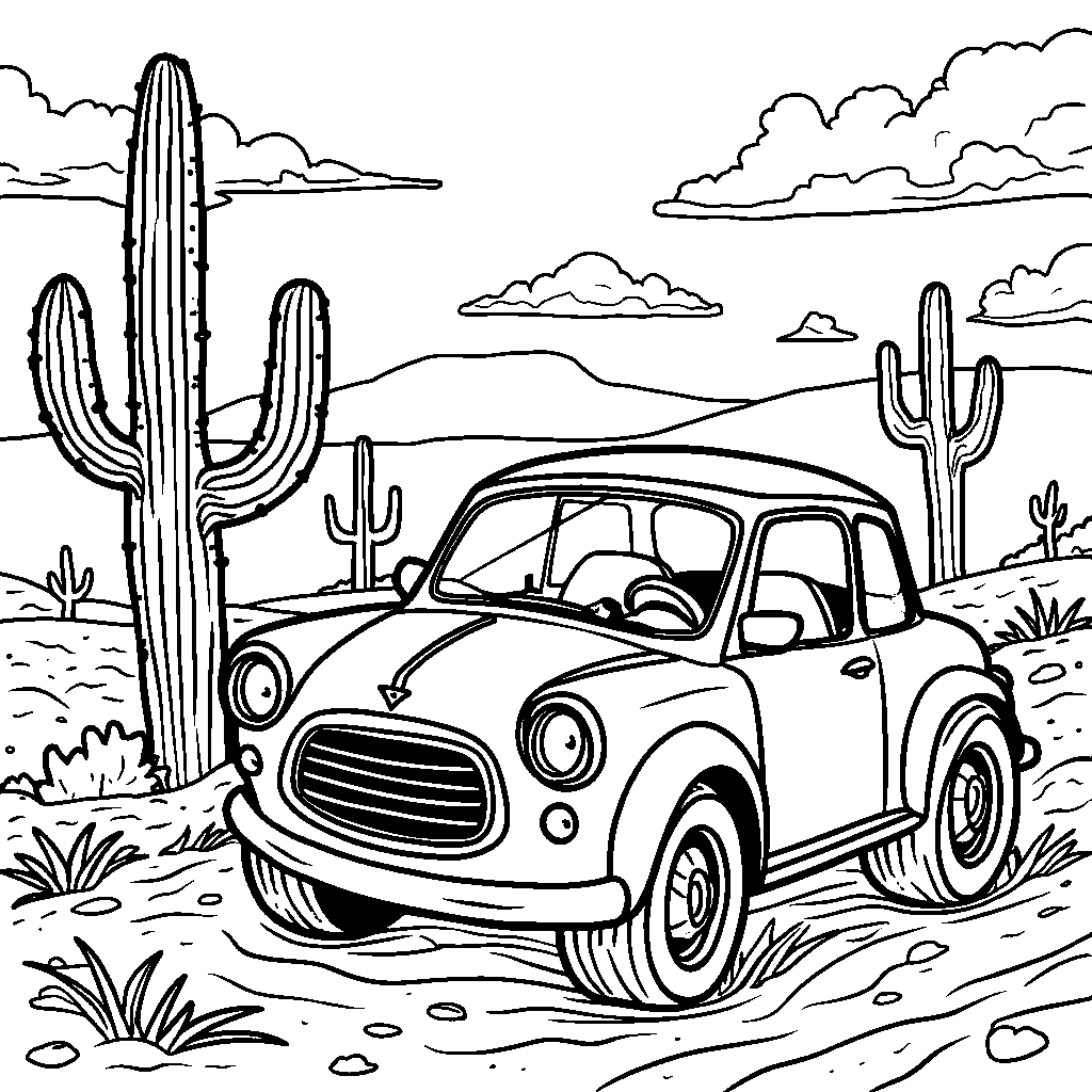 A car driving through a desert with a giant cactus in the background