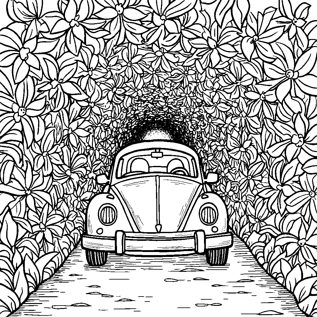 A car driving through a tunnel made of flowers