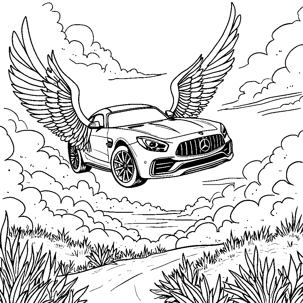 A car with a giant pair of wings attached to the back