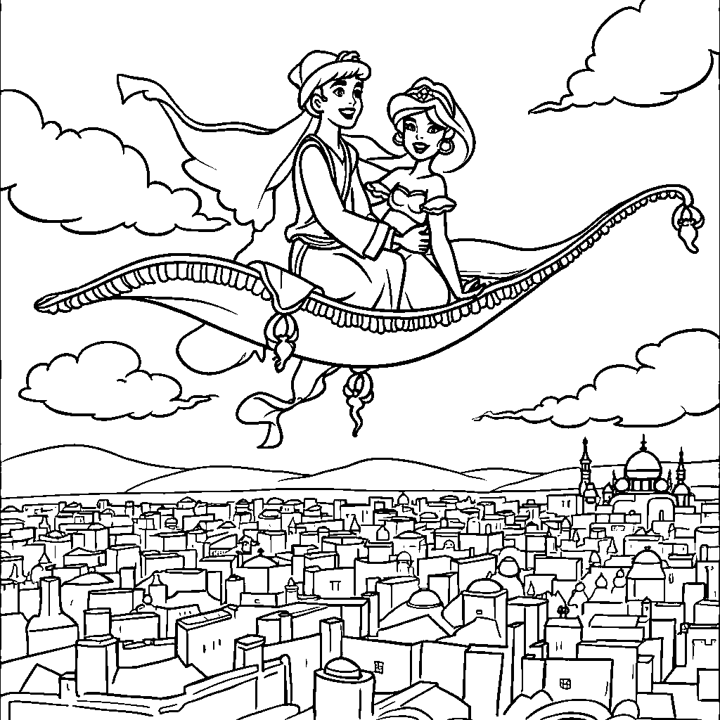 Aladdin and Jasmine riding a magic carpet