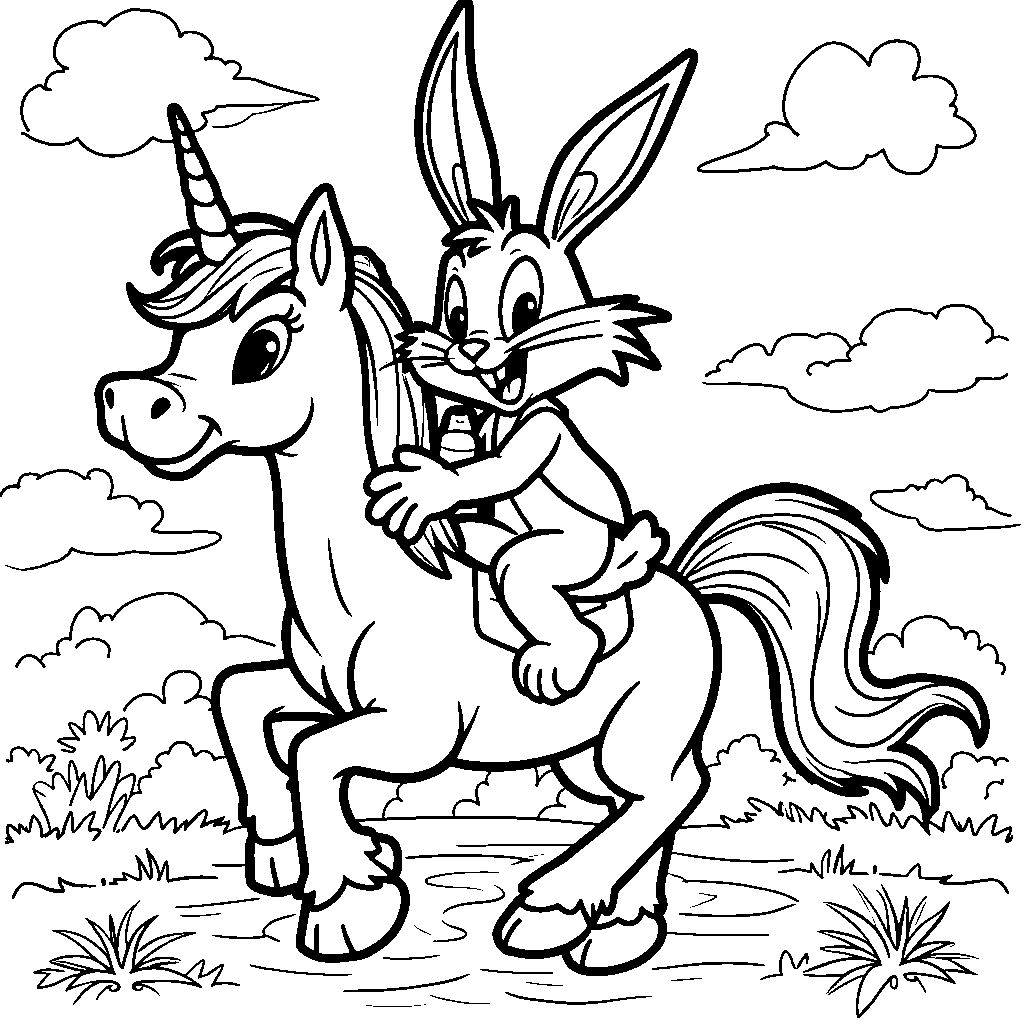 Bugs Bunny riding a unicorn