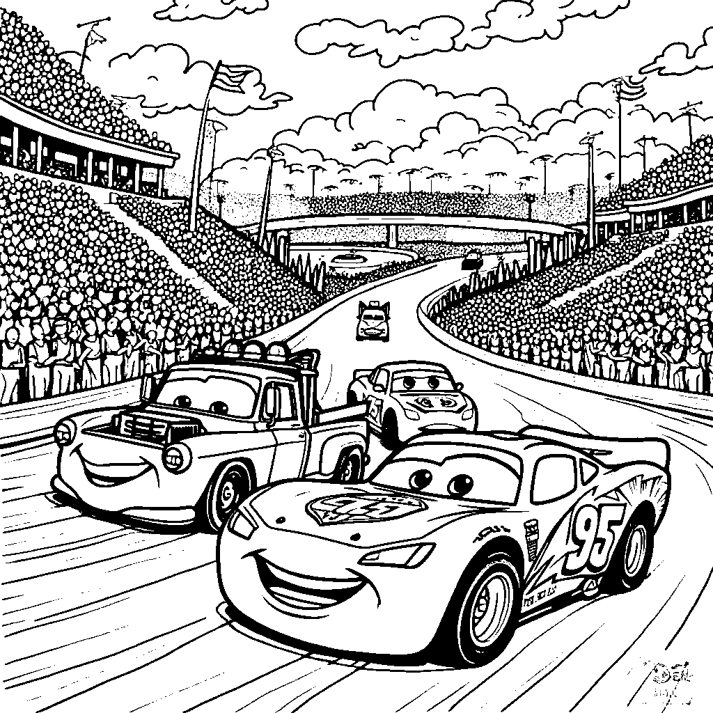 Cars characters racing on a track