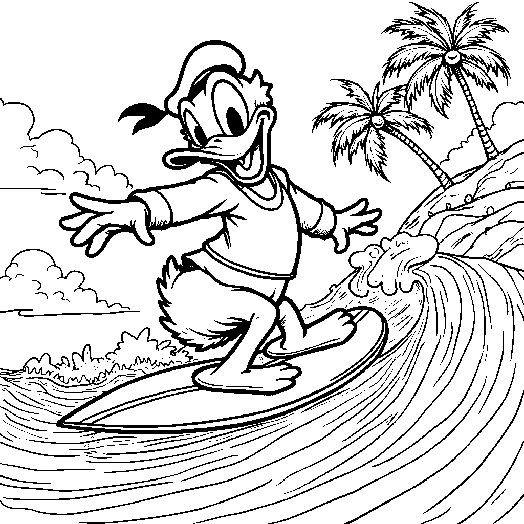 Donald Duck surfing on a wave