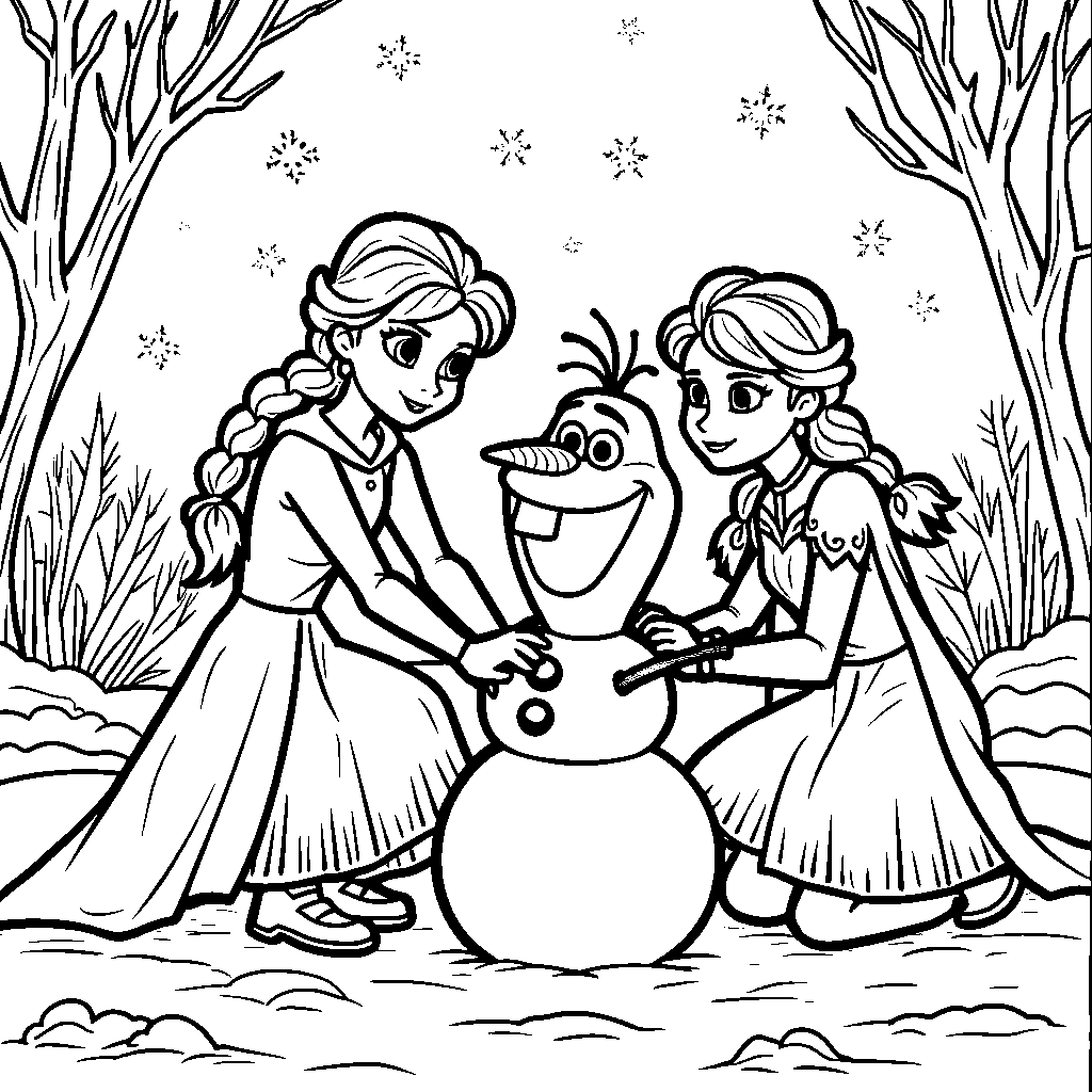 Frozen characters building a snowman