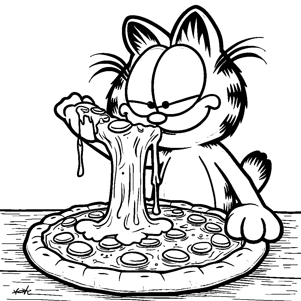 Garfield eating a giant pizza