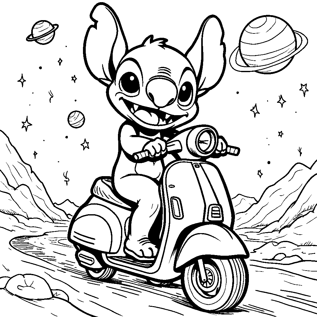 Stitch riding a scooter