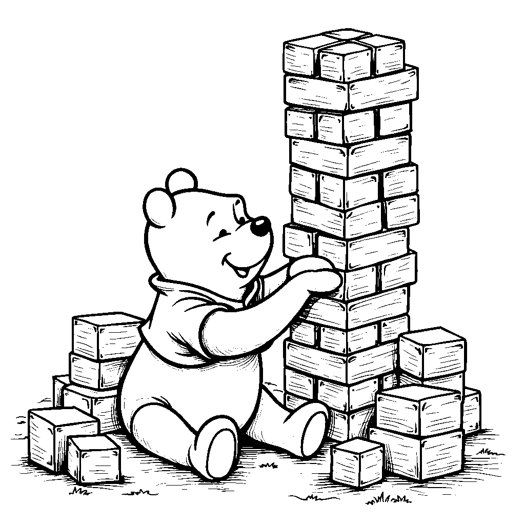 Winnie the Pooh playing with blocks