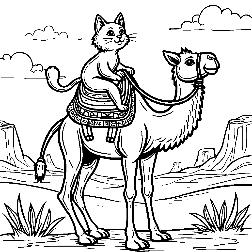 A cat riding a camel through the desert