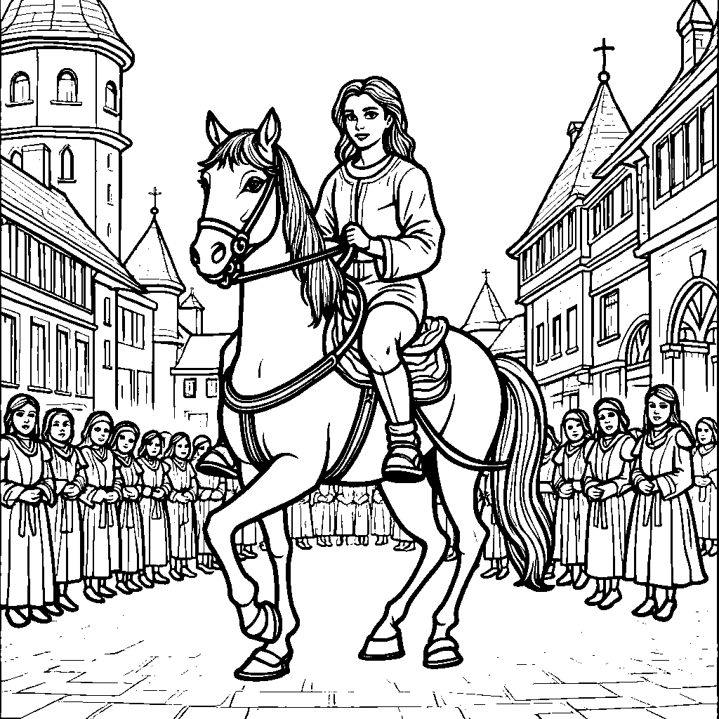 A cat riding a horse through a medieval town