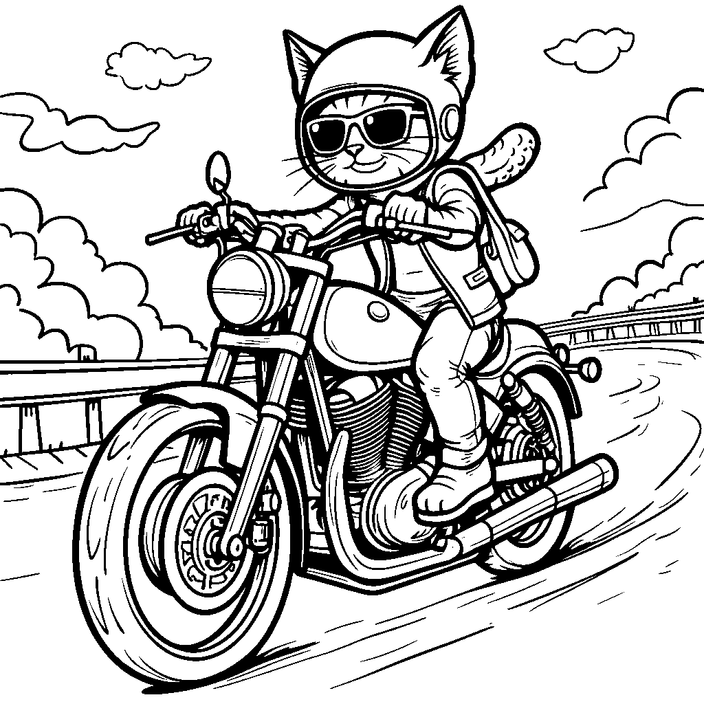 A cat riding a motorcycle and speeding down the highway