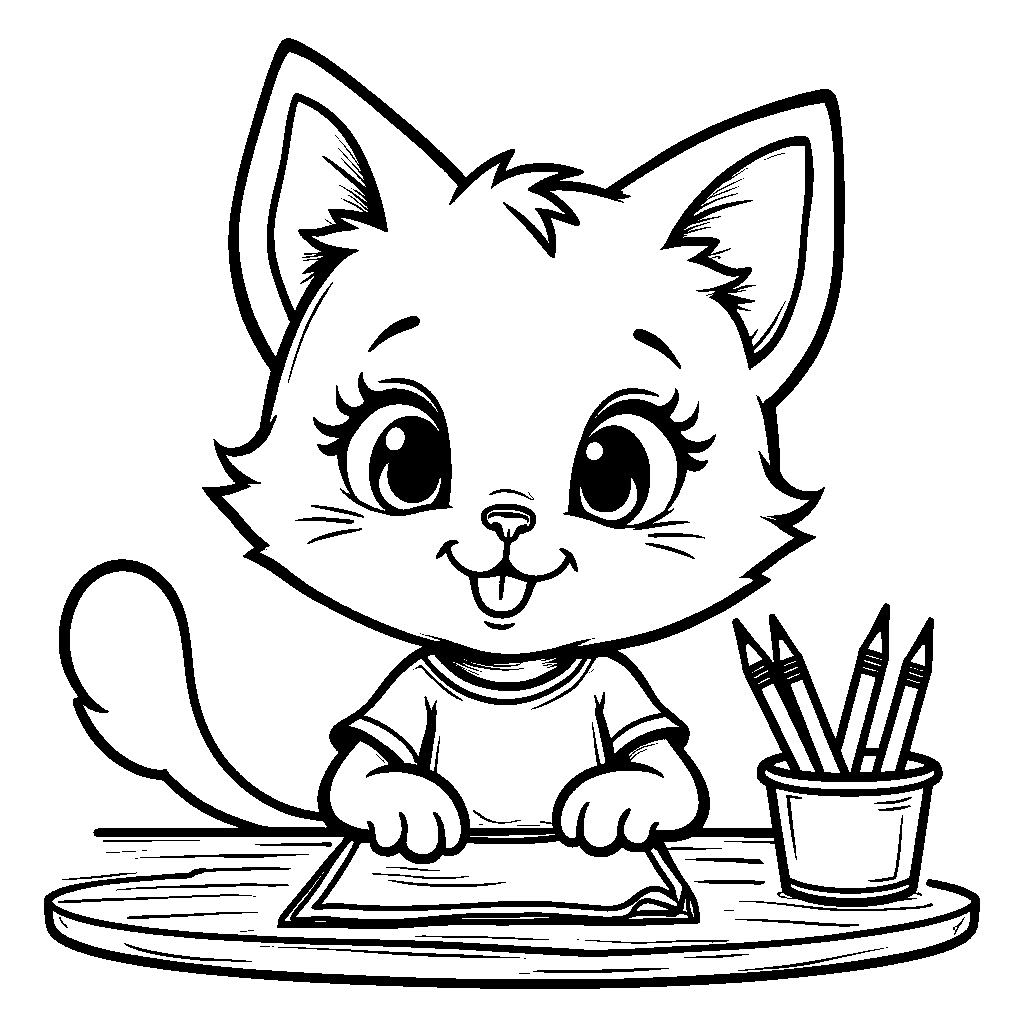 A cat sitting at a desk with a pencil and paper, looking like a student