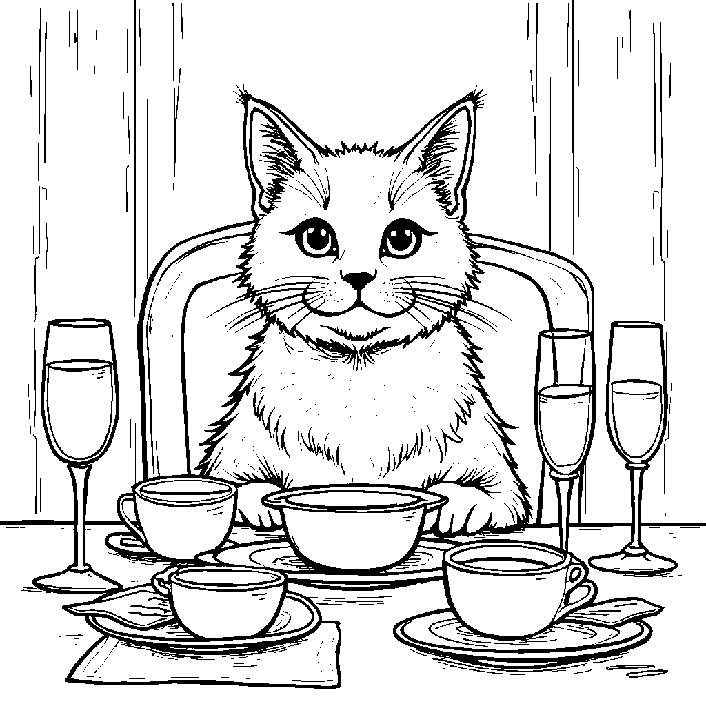 A cat sitting in a fancy restaurant, enjoying a meal