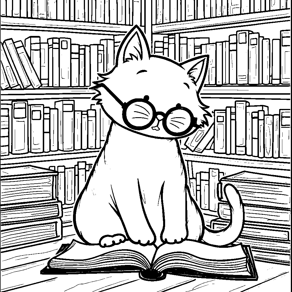 A cat sitting in a library, surrounded by books and reading