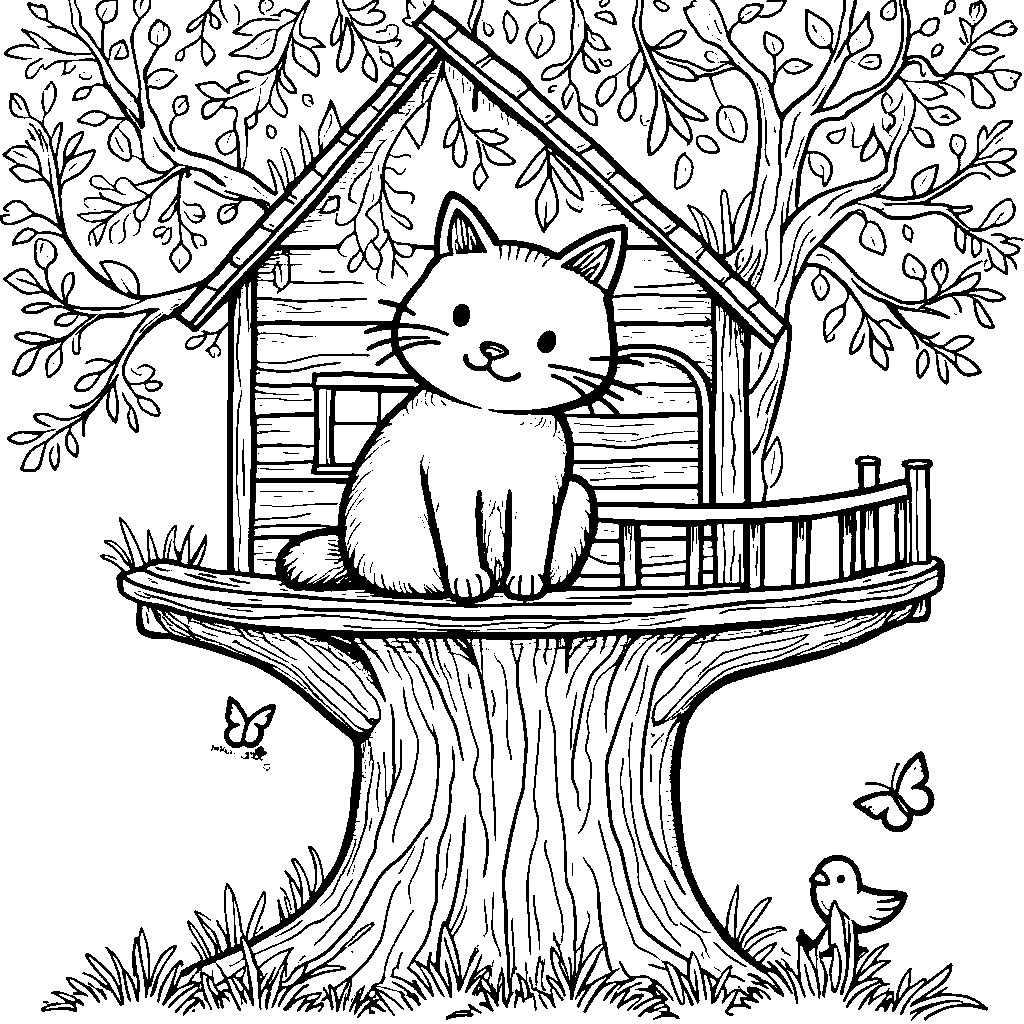 A cat sitting in a treehouse, surrounded by leaves and birds