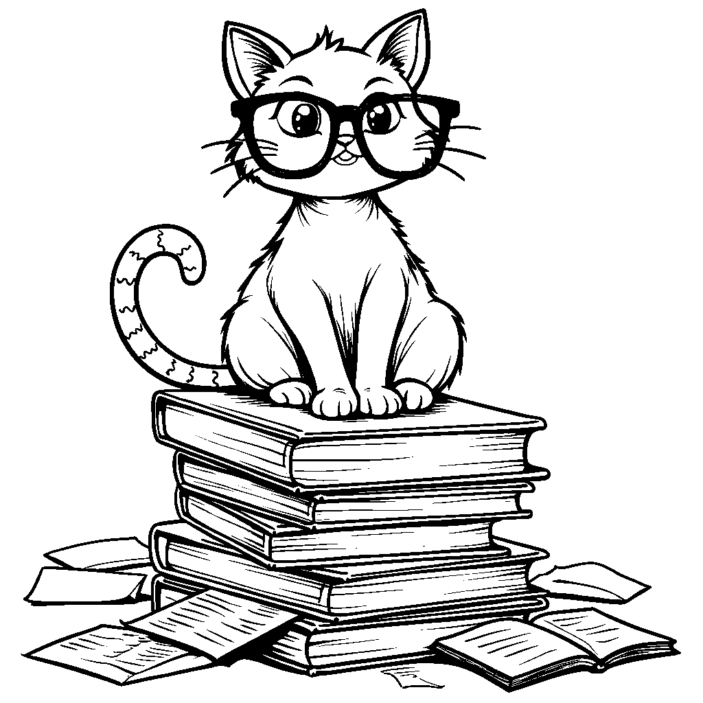 A cat sitting on a pile of books, looking like a bookworm