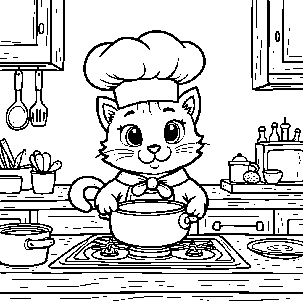 A cat wearing a chef's hat and standing in front of a stove