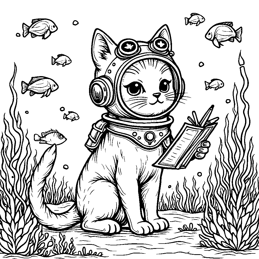 A cat wearing a diving helmet and exploring the ocean floor