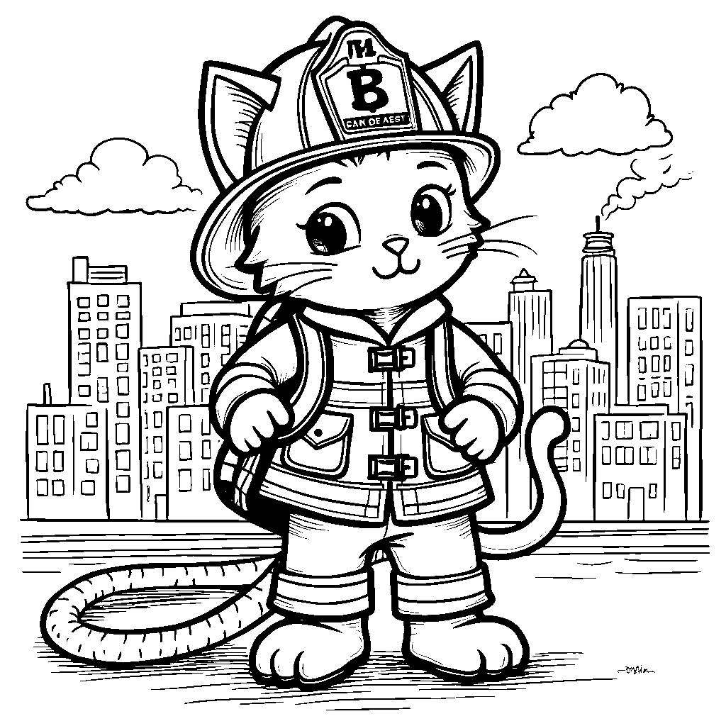 A cat wearing a firefighter's helmet and holding a hose