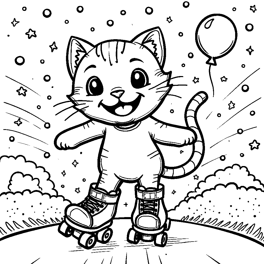 A cat wearing a pair of roller skates and gliding on a track