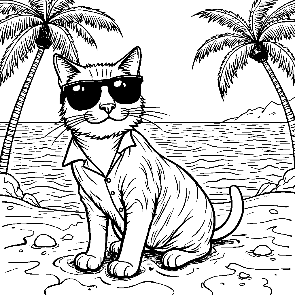 A cat wearing sunglasses and a Hawaiian shirt on a beach