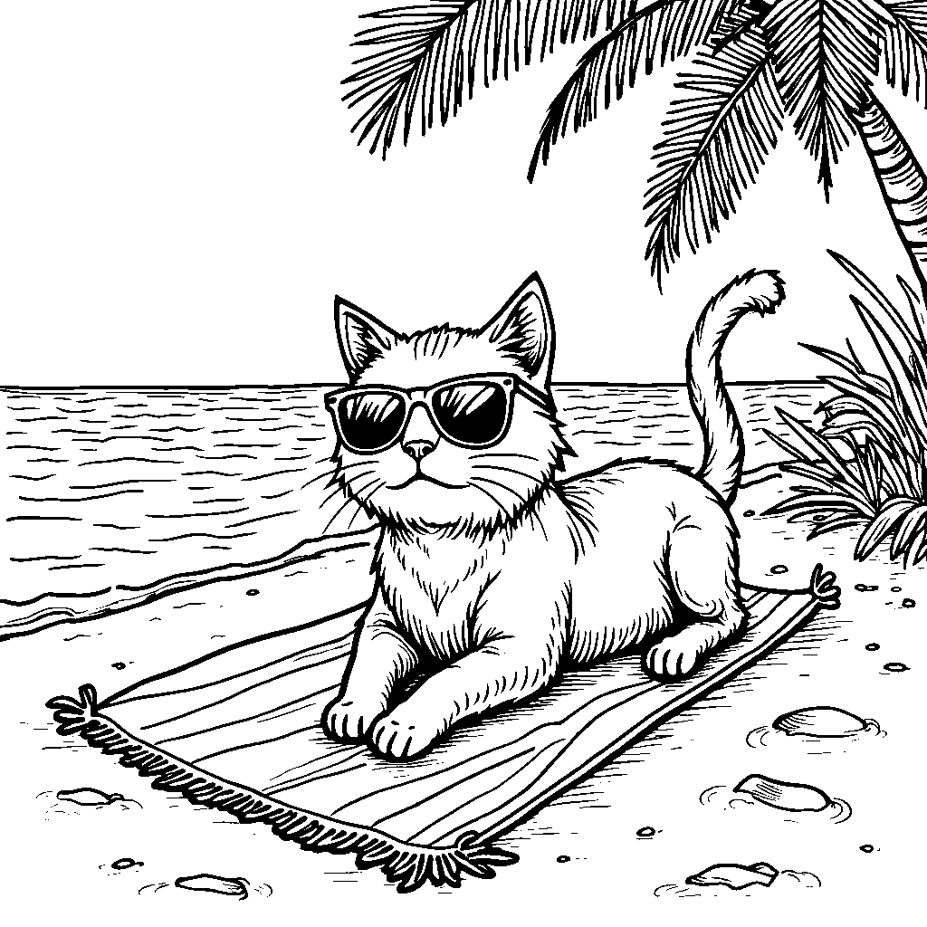 A cat wearing a pair of sunglasses and lounging on a beach towel