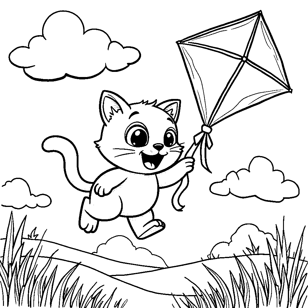 Cat flying a kite in a windy sky