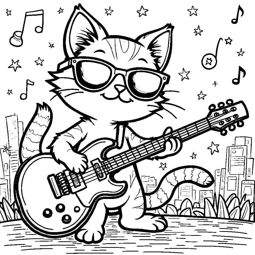 Cat playing a guitar with music notes surrounding it