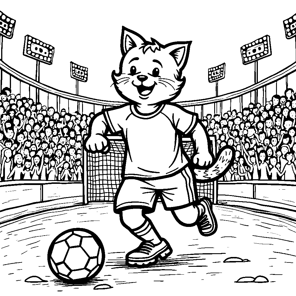 Cat playing soccer with a ball and goalposts