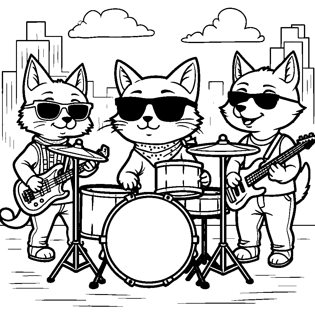 Cat playing the drums with a band in the background