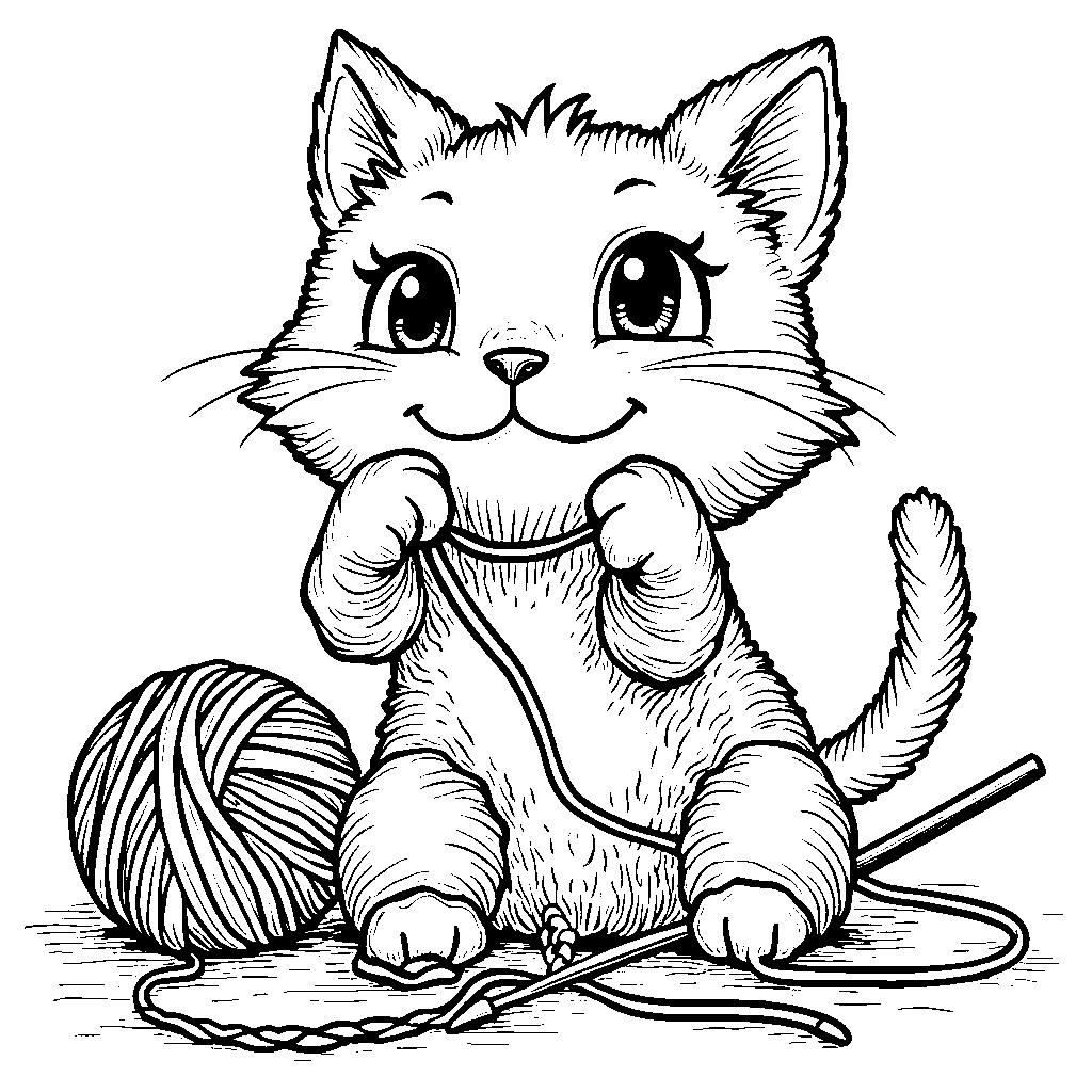 Cat playing with a ball of yarn and a pair of knitting needles